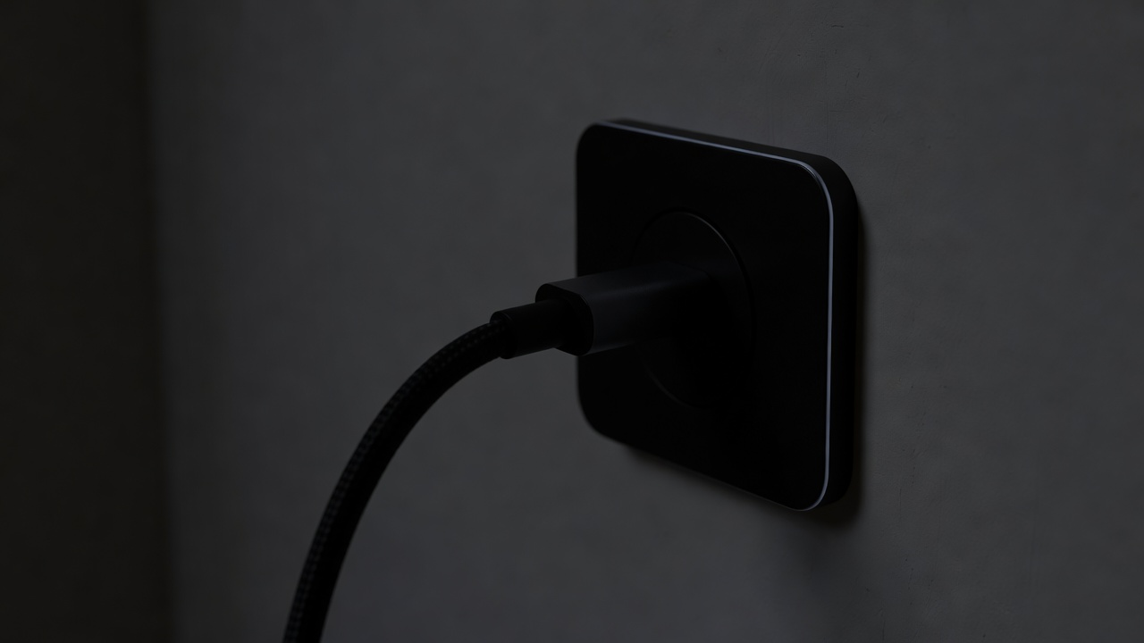 Phone charging cable glowing near a wall socket in a dim airport concourse