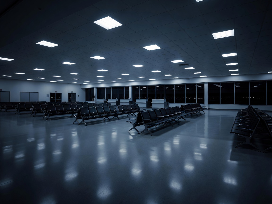 Quiet airport gate with empty seats under dim lighting
