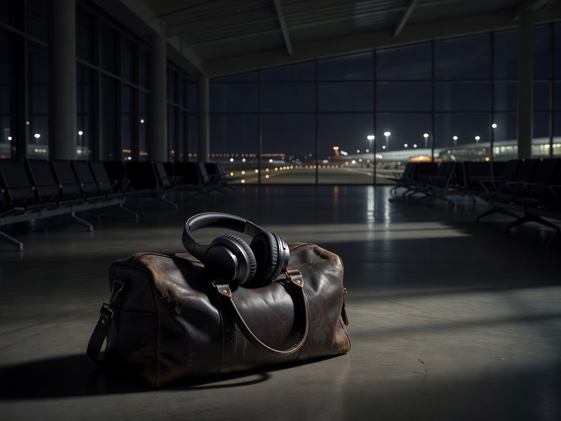 Over-ear headphones resting on a bag in a dark airport terminal