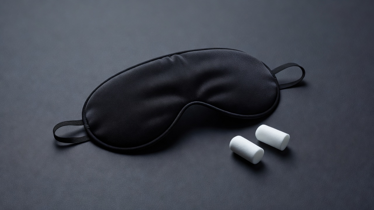 Black contoured sleep mask and foam earplugs on a dark surface