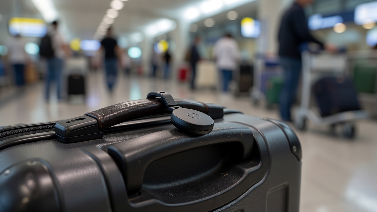 Small round Bluetooth tracker tag attached to a dark suitcase handle