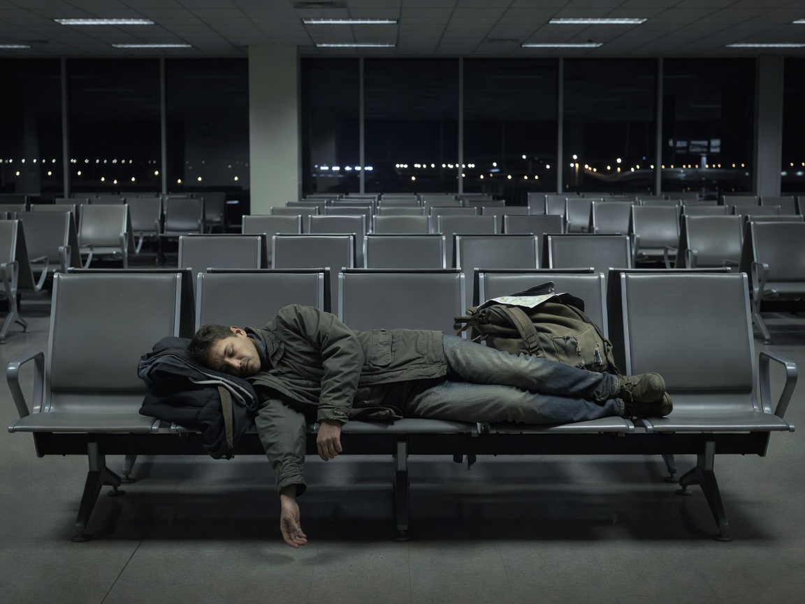 Traveller dozing across gate seats in a dim airport terminal at night
